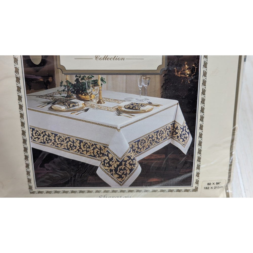 Statements Tablecloth 60x84 White Gold‎ Black Sheraton Collection Baroque Floral